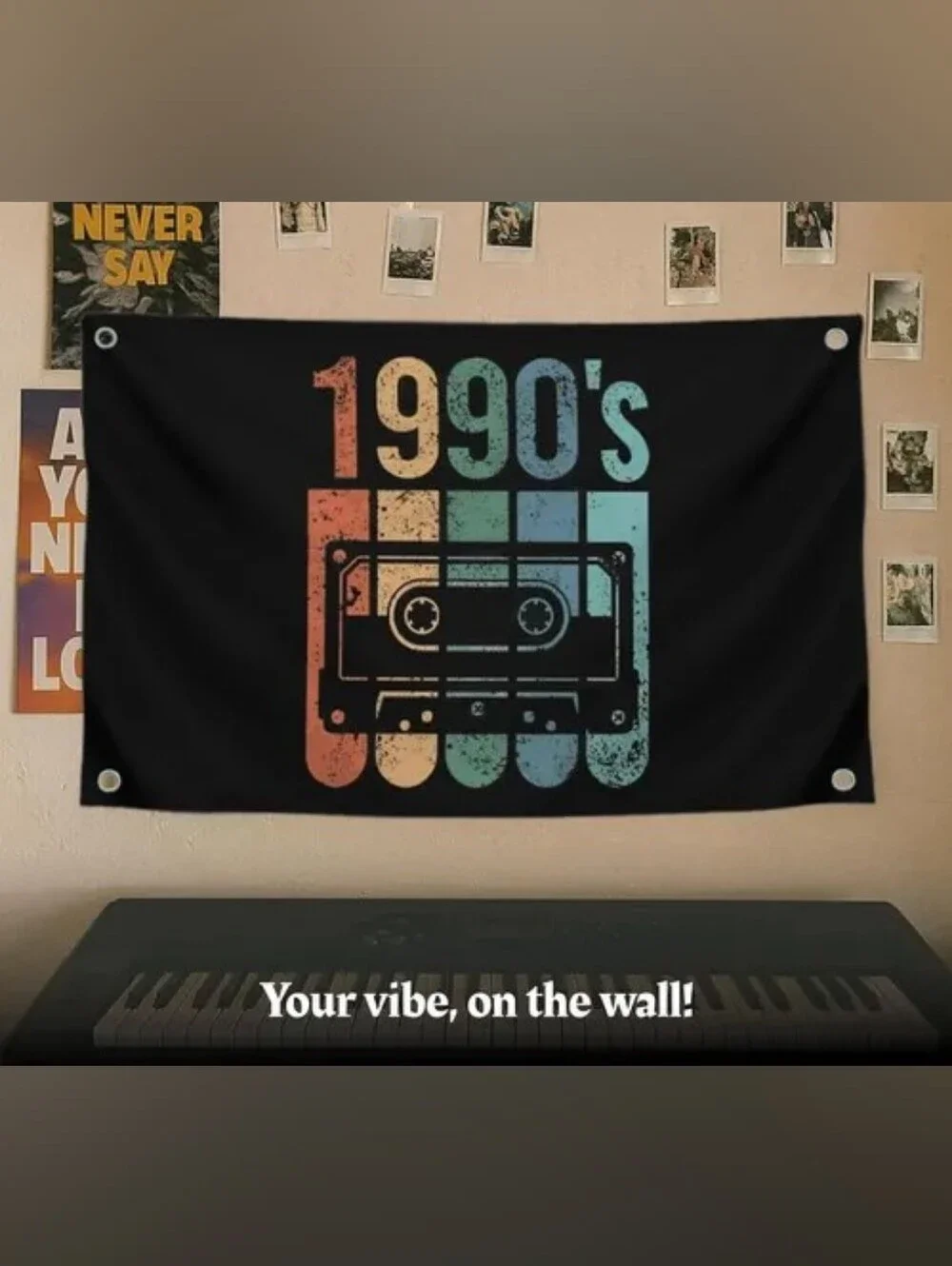 1990's Cassette Tape Wall Flag/ Banner Black background MetalnGrommets Colorful